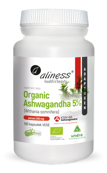 Organic Ashwagandha 5% KSM-66 200 mg Vege Aliness, 100 kaps.